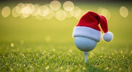 A golf ball wearing a festive Santa Claus hat is placed on a tee against a blurred green grass background with shimmering bokeh effect, suggesting a fun and playful holiday golfing scene.