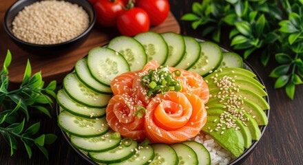 A vibrant, nutritious plate featuring crisp cucumber, creamy avocado, and beautifully arranged smoked salmon, garnished with sesame seeds for a delightful crunch and nutty flavor.