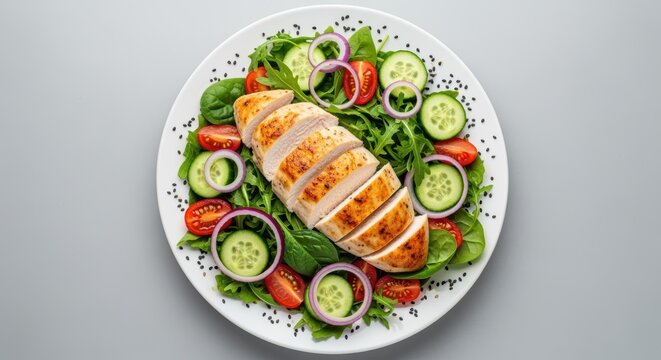 Grilled chicken atop a fresh salad with mixed greens, tomatoes, cucumbers, and onion. The seasoned chicken creates an appetizing visual with the colorful arrangement.