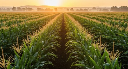 A vast cornfield stretches out under a warm, golden sunset sky. Rows of tall, lush green corn plants line the dirt path that winds through the field, creating a peaceful, rural landscape.