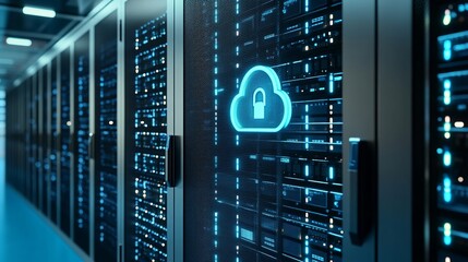 Secure your data with this stunning digital cloud lock icon glowing in a futuristic server room, representing cybersecurity and modern technology solutions.