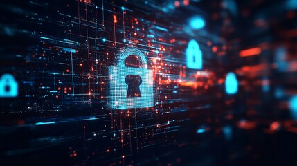 Secure digital network with glowing padlock symbol representing cybersecurity and data protection in a futuristic abstract background