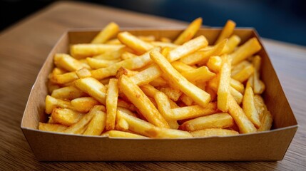 A generous serving of crispy golden fries fills a brown cardboard container tempting anyone nearby.