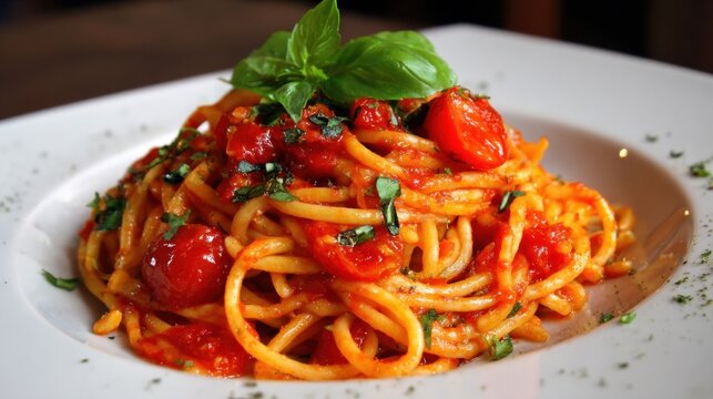 A warm bowl of spaghetti with ripe tomatoes and fresh basil garnishing the dish sits invitingly.