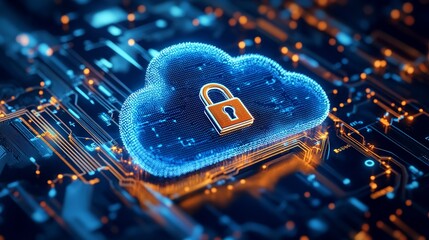 Secure your digital world with this vibrant, glowing cloud icon featuring a prominent padlock, symbolizing robust data protection and advanced cybersecurity on a futuristic circuit board.