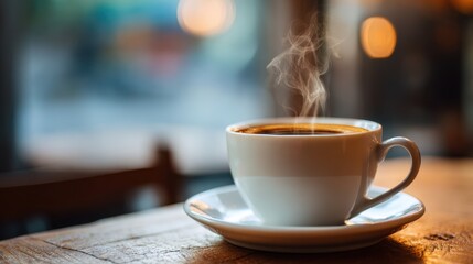Obraz premium A steaming cup of coffee sits on a wooden table in a welcoming cafe inviting relaxation.