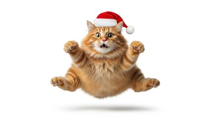 Fat ginger cat wearing a Santa hat playfully levitating on a white background