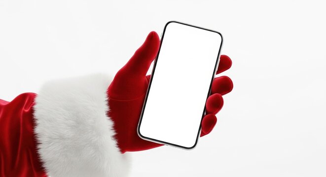 Main du P&egrave;re No&euml;l tenant une maquette de smartphone &agrave; &eacute;cran vierge sur fond blanc.