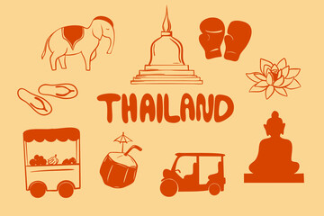 Hand drawn Thailand elements set. Vector illustration with elephant, temple stupa, Muay Thai gloves, lotus, Buddha, tuk tuk, coconut, and flip flops.	