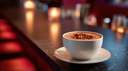 Spicy hot chocolate with chili flakes on bar counter, copy space