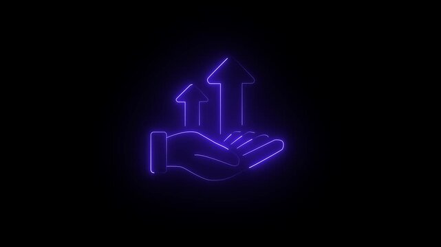 Growing business icon represented by a hand holding neon glowing chart with arrow up. It can be used in the desired color background or on another video
