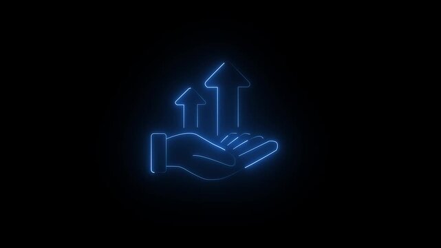 Growing business icon represented by a hand holding neon glowing chart with arrow up. It can be used in the desired color background or on another video