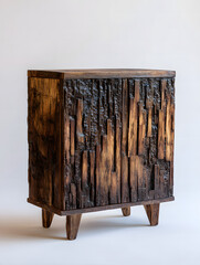 A wooden cabinet with a high-temperature burnt surface, showing rich charred textures and warm tones on a white background.