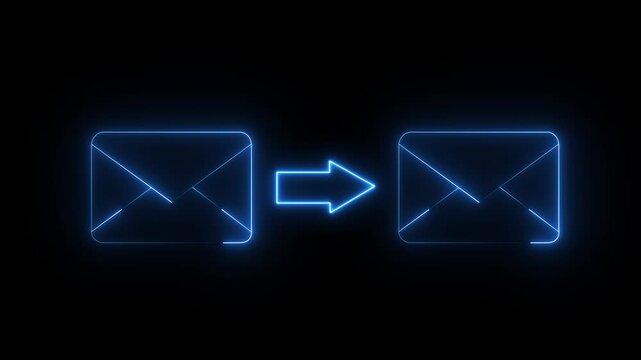 Neon mail envelope icon sketch of a message sending icon with Email message letter symbol. glowing message icon with download symbol isolated on black background.
