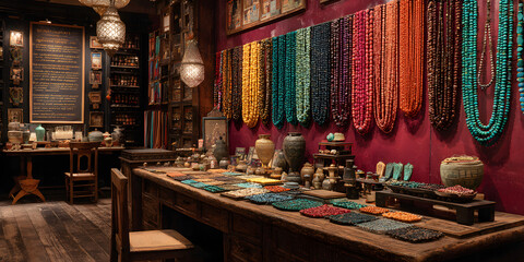 A cozy, narrow store showcasing decorative textiles, handcrafted items, and colorful beaded jewelry illuminated by soft warm lighting.