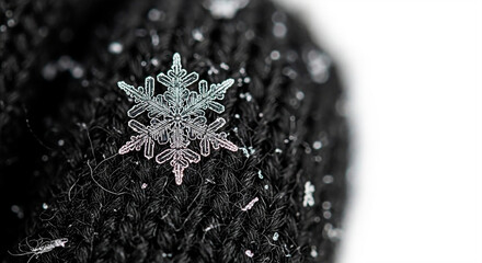 A snowflake on a black surface.