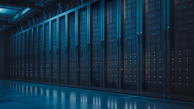 A long row of server racks in a dark data center with blue lighting and shiny reflective floor