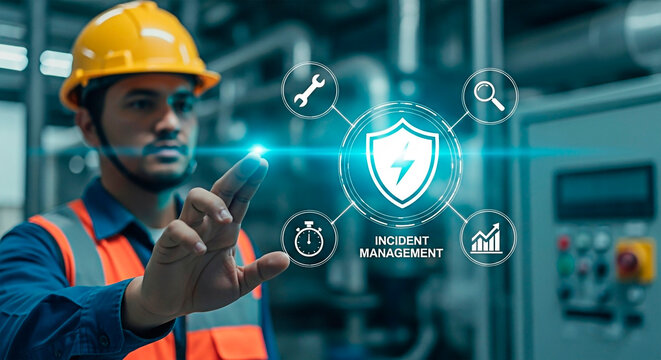 An engineer touching a virtual incident management symbol for the concept of technology.