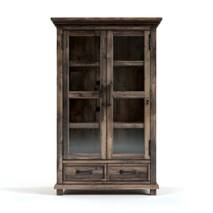 An ultra-realistic 3D cabinet featuring glass doors and bottom drawers in a rustic style on a clean white background.