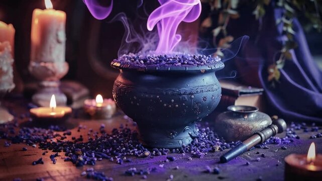 Mystical cauldron bubbling with purple magic potion surrounded by candles and crystals in witchcraft ritual ceremony. Scenario for the background of a magical wicca background with copy space.