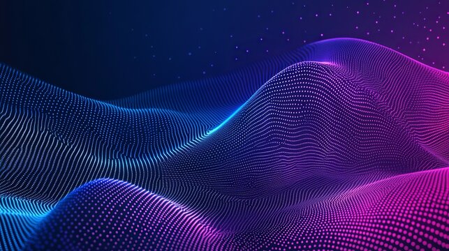 Stunning digital wave of glowing particles creates a mesmerizing futuristic landscape with vibrant blue and pink hues, perfect for tech innovation.