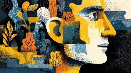 A colorful illustration shows a persons face combining with abstract trees and nature sparking imagination.