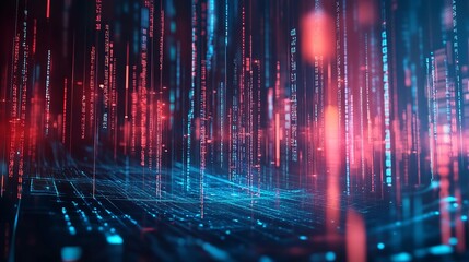 Dynamic digital data streams flow through a futuristic network grid with vibrant red and blue neon light effects