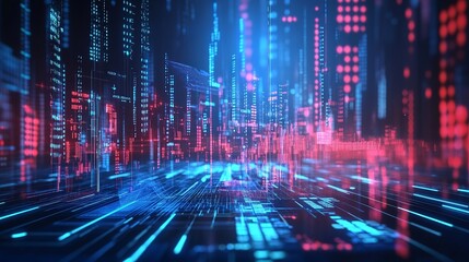 Immersive digital cityscape glows with vibrant neon data streams, representing futuristic technology, global connectivity, and infinite information flow.