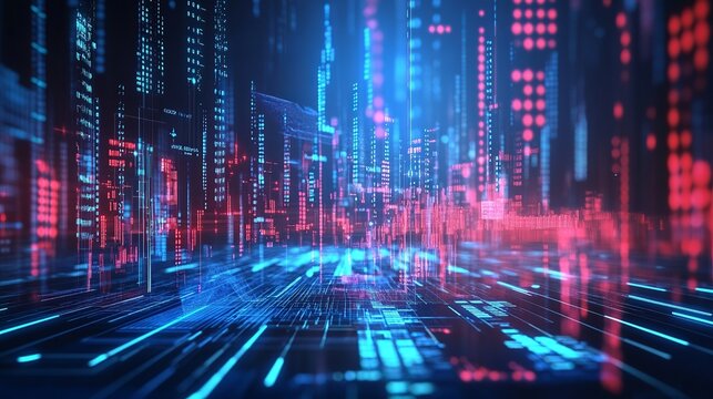 Immersive digital cityscape glows with vibrant neon data streams, representing futuristic technology, global connectivity, and infinite information flow.