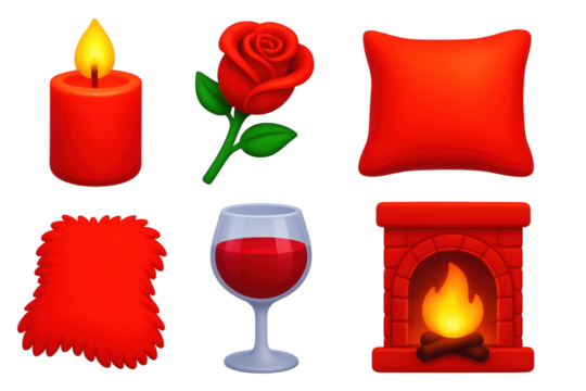 Red pillow, a red candle, a red rose, a red wine glass, a red fireplace, and a red blanket