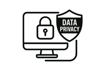 Digital data privacy and security concept with computer screen, padlock, and protective shield