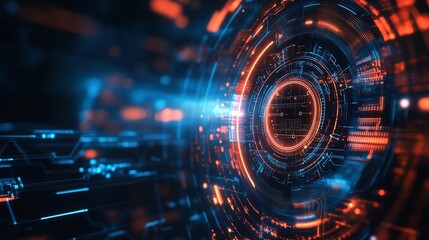 Dynamic digital network interface pulsing with vibrant blue and orange circuits, representing futuristic data flow and technological innovation.