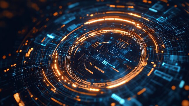 Dynamic glowing digital network interface with intricate circuits and data streams, symbolizing innovation and future technology.