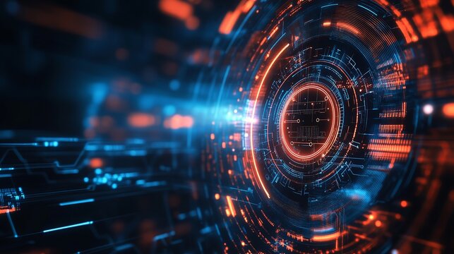 Dynamic digital network interface pulsing with vibrant blue and orange circuits, representing futuristic data flow and technological innovation.