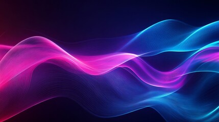 Obraz premium Dynamic neon waves of pink and blue light flow across a dark abstract background, perfect for tech and music visuals