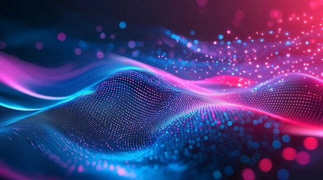 Dynamic abstract digital landscape with glowing neon waves of blue and pink particles creating a futuristic technological flow. - Powered by Adobe
