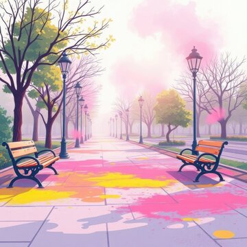 Whimsical pastel illustration of urban park during Holi festival with color powder and benches