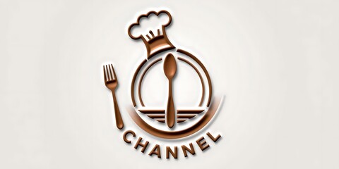 3D-rendered logo for a food channel featuring a chef's hat, spoon, and fork in metallic brown tones, framed by a circle and the word "CHANNEL."