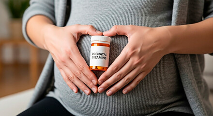 A pregnant woman holding bottle of prenatal vitamin, prenatal care for mother and baby health.