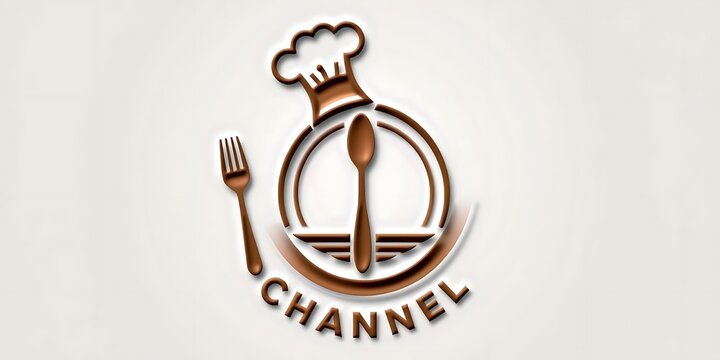 3D-rendered logo for a food channel featuring a chef's hat, spoon, and fork in metallic brown tones, framed by a circle and the word "CHANNEL."