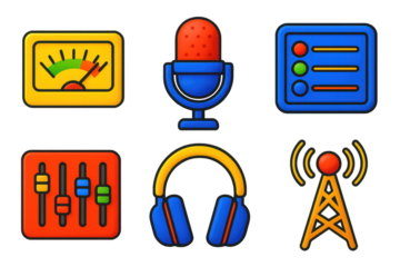 Collection of icons for a radio station, including a microphone, a radio, and a dial. The icons are arranged in a row, with the microphone on the left, the radio in the middle