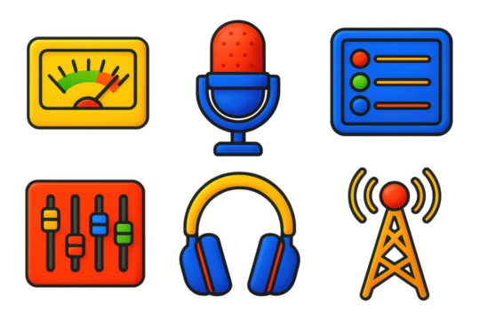 Collection of icons for a radio station, including a microphone, a radio, and a dial. The icons are arranged in a row, with the microphone on the left, the radio in the middle