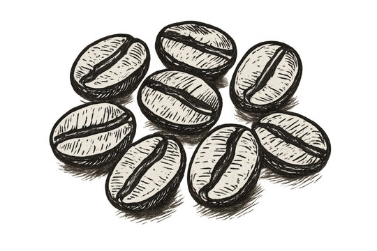 Coffee beans hand drawn in a detailed vintage sketch style, representing caffeine, energy, wakefulness, flavor, and tradition