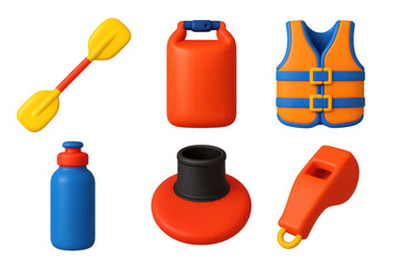 Collection of items that are related to water sports and safety. The items include a paddle, a life jacket, a whistle, a bottle, a cup, and a cooler. Concept of adventure and excitement