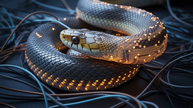 Macro of a Snake Coiled with Glowing Orange Circuit Board Lines