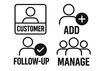 Customer relationship management icons for user profiles, follow-up tracking, and group administration