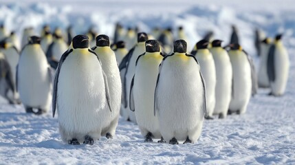 Obraz premium A group of emperor penguins gathers closely on a vast icy expanse enjoying the chilly yet bright environment.
