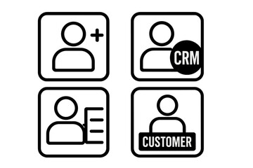Simple black and white icons for customer management, user profiles, and CRM systems