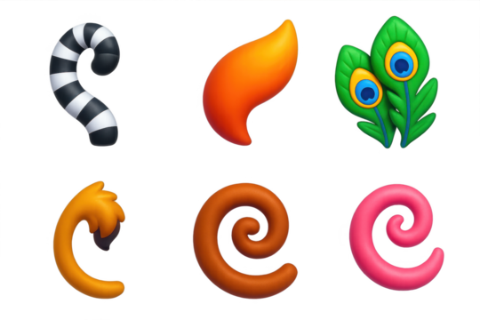 Variety of animal-like shapes, including a zebra, a lemur, a peacock, and a monkey. These shapes are arranged in a row, with some overlapping each other