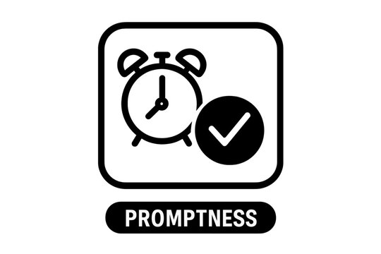 Alarm clock with checkmark symbolizing promptness, punctuality, and timely delivery